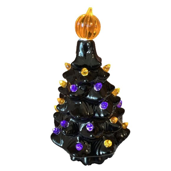 HALLOWEEN Black Ceramic Tree With Pumpkin Topper and LED Lights - Picture 3 of 5